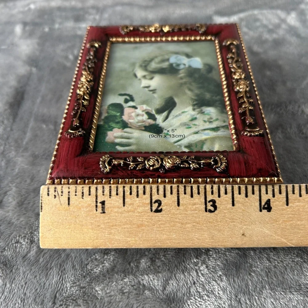 Vintage Style Red Gold Floral Jewelry Box Picture Frame Lid Keepsake Trinket Box
